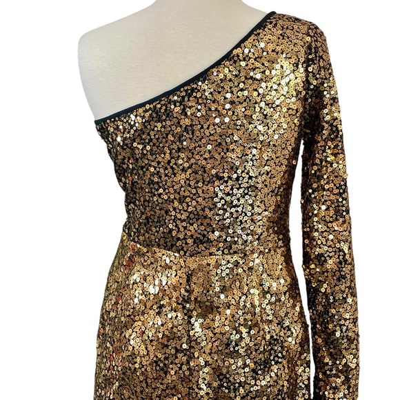 Marchesa Notte Sequined One Shoulder Asymmetric Ruffle Hem Dress Gold Size XS/4 - Picture 4 of 14